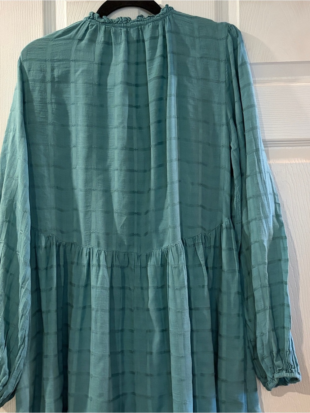 Free People Edie Maxi Dress M Turquoise Teal Plaid Tiered Button Front Duster - Picture 11 of 12
